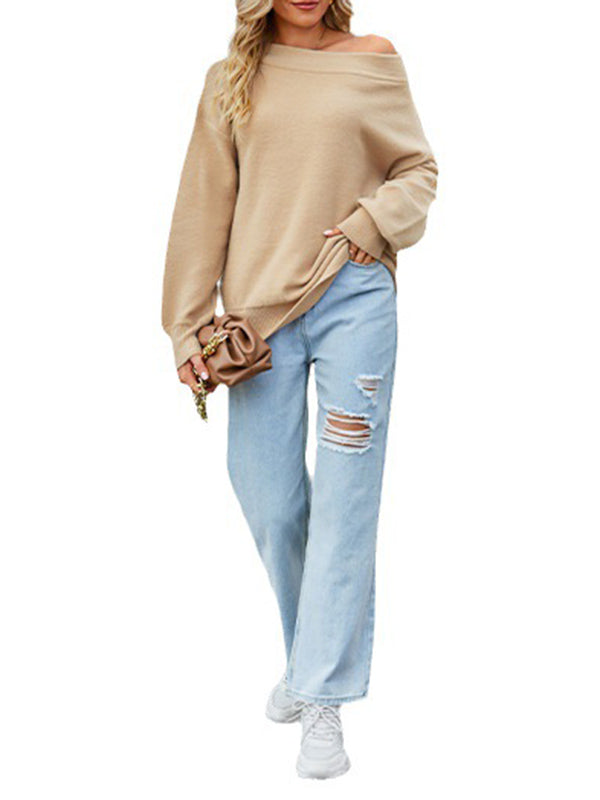 Solid Color Velvet Long Sleeves Loose Off-The-Shoulder Sweater Tops Pullovers