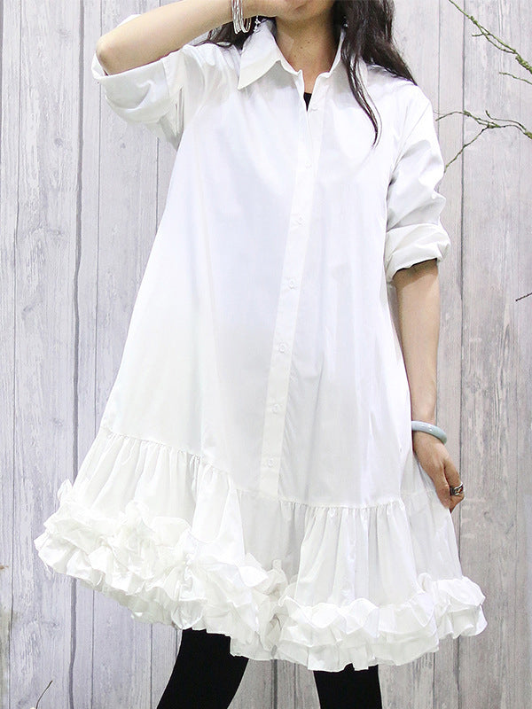 Buttoned Pleated Ruffled Solid Color Long Sleeves Loose Lapel Shirt Dress Midi Dresses