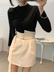 Pleated Solid Color Long Sleeves Skinny Mock Neck T-Shirts Tops