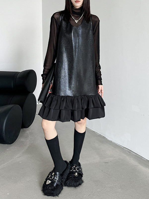 Pleated Split-Joint A-Line Loose U-Neck Mini Dresses