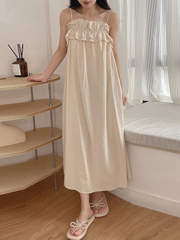 Elasticity Pleated Ruffled Solid Color Loose Sleeveless Spaghetti-Neck Pajama Dress Midi Dresses