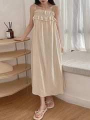 Elasticity Pleated Ruffled Solid Color Loose Sleeveless Spaghetti-Neck Pajama Dress Midi Dresses