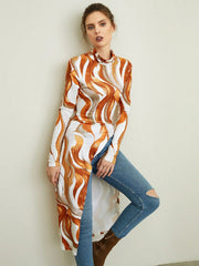 Printed High-low Long Sleeves High-neck T-Shirts Tops