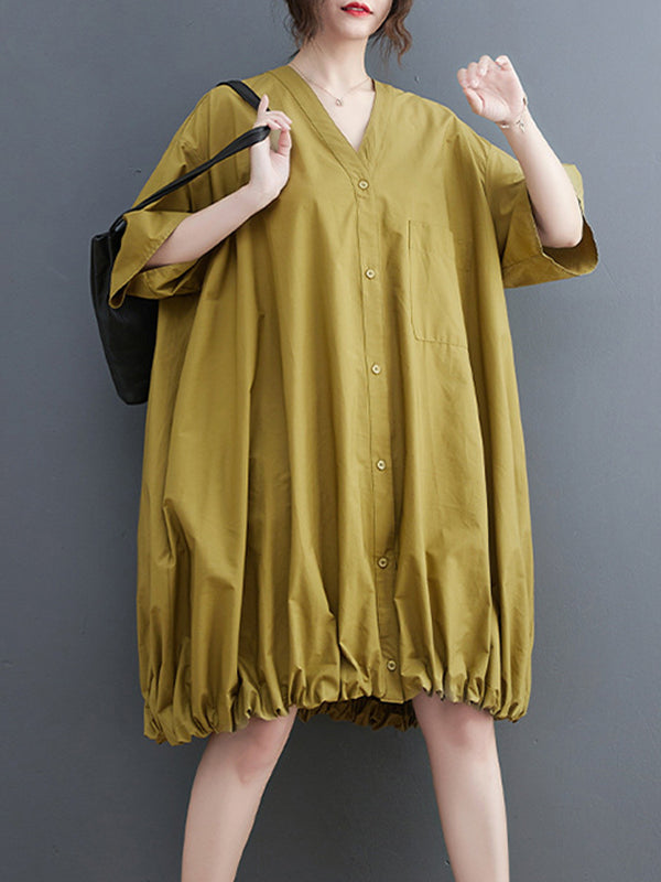 Elasticity Solid Color Half Sleeves Loose V-Neck Mini Dresses