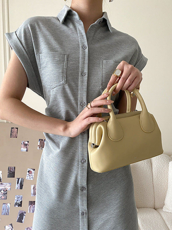 Buttoned Pleated Pockets Solid Color Split-Joint High Waisted Loose Lapel Midi Dresses