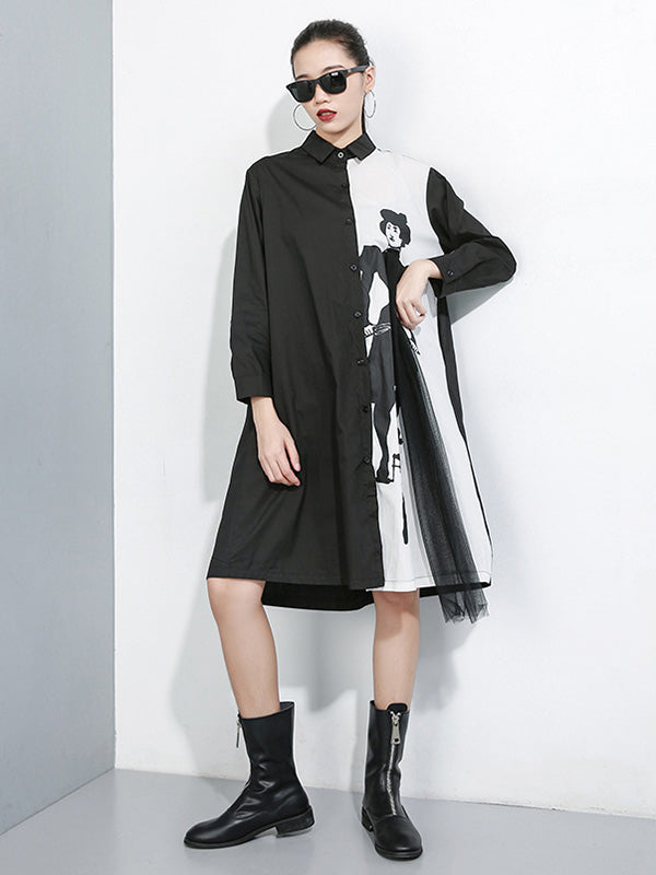 Tide Splicing Characters Print Long Lapel Shirt