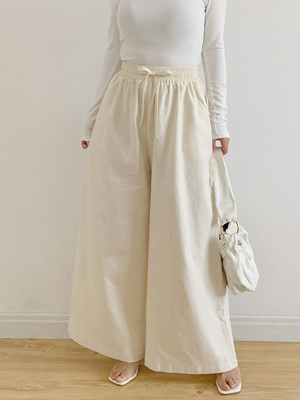Drawstring Elasticity Pockets Solid Color High Waisted Loose Trousers Pants
