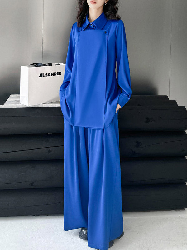 Buttoned Solid Color Long Sleeves Lapel Shirts Top + Elasticity High Waisted Pants Bottom Two Pieces Set