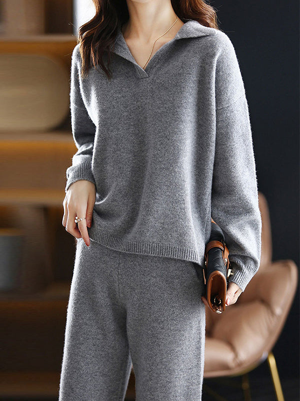 Loose Solid Color Long Sleeves Polo Sweater Top + Pants Bottom Two Pieces Set