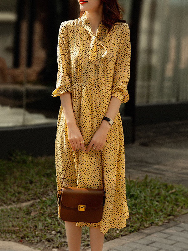 Polka-Dot Tied A-Line High Waisted Mock Neck Midi Dresses