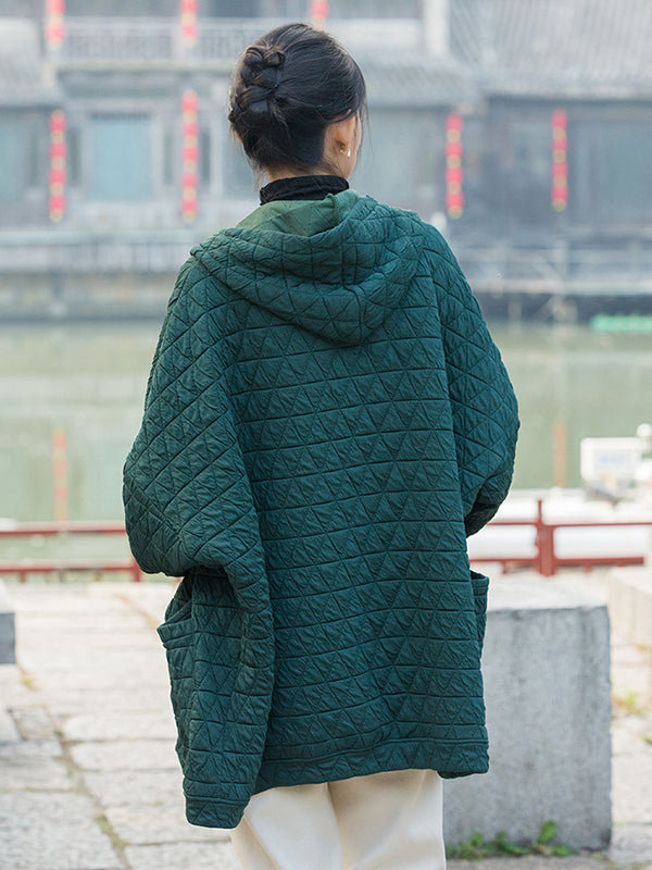 Casual Long Sleeves Loose Buttoned Keep Warm Solid Color Hooded Padded Coat