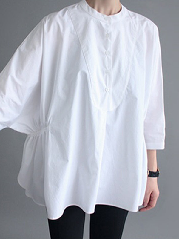Simple Loose Round-Neck White Black Blouse