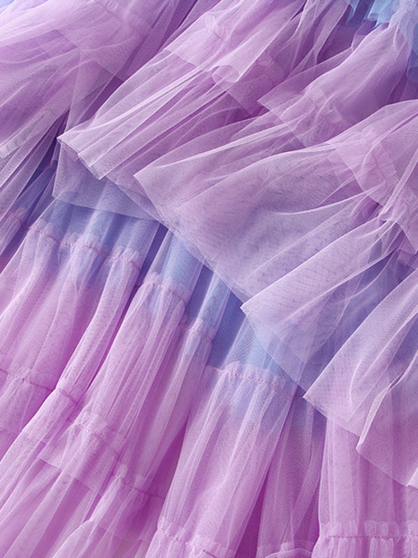 Contrast Color Elasticity Gauze Gradient Pleated Split-Joint Tiered A-Line High-Low Skirts