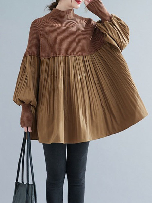 Pleated Split-Joint Long Sleeves Loose High Neck Sweater Tops
