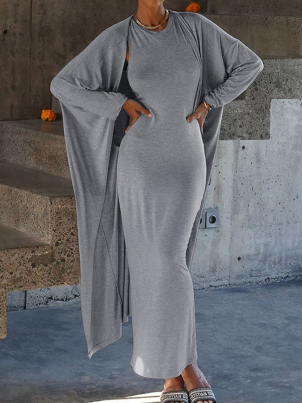 Solid Color Long Sleeves Round-Neck Inner Dress + Bodycon Outerwear Two Pieces Set