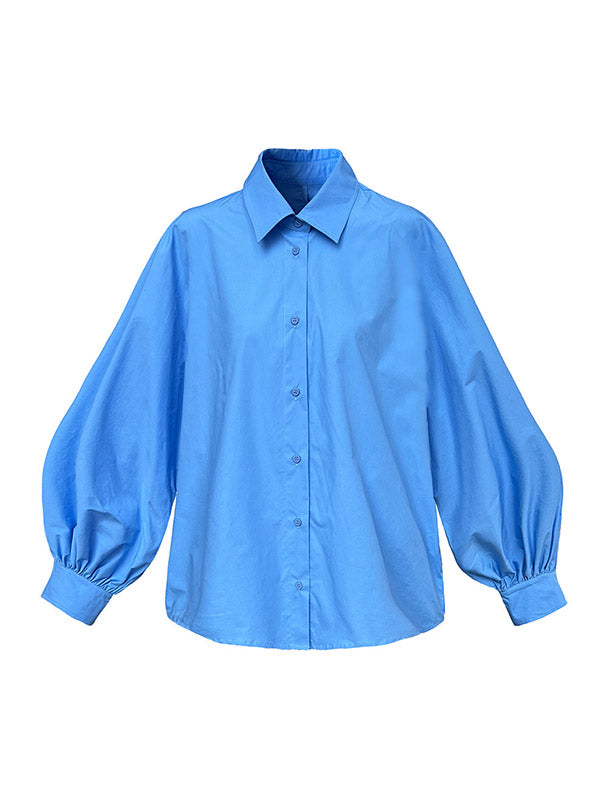 Buttoned Pleated Solid Color Long Sleeves Loose Lapel Blouses&Shirts Tops