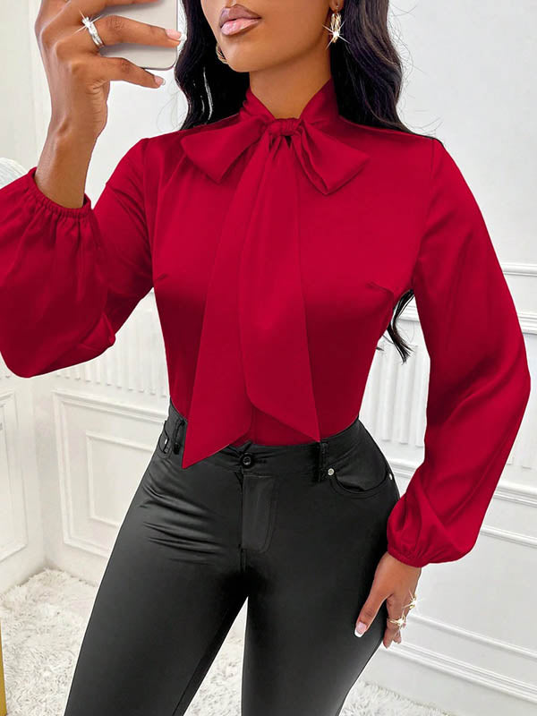 Bow-Embellished Pleated Solid Color Split-Joint Long Sleeves Loose Scarf Collar Blouses&Shirts Tops