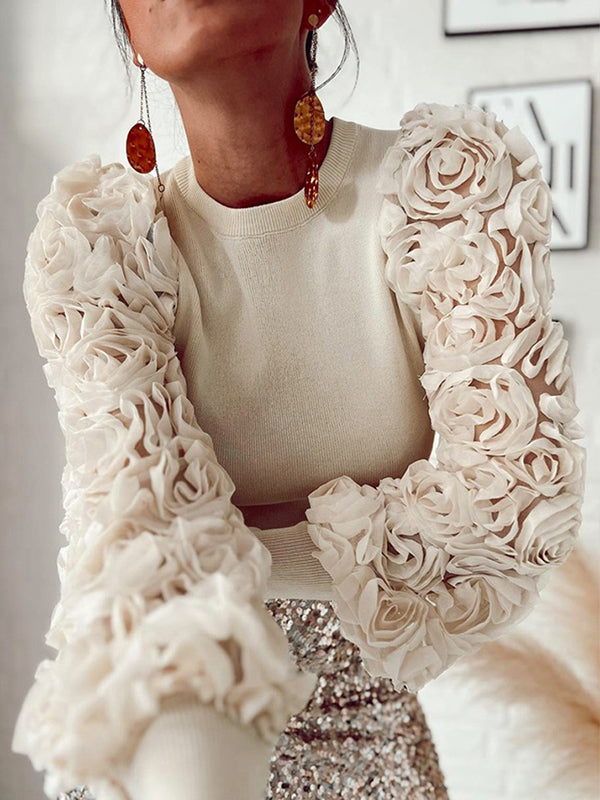 Solid Color Split-Joint Three-Dimensional Flower Long Sleeves Loose Round-Neck T-Shirts Tops