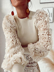 Solid Color Split-Joint Three-Dimensional Flower Long Sleeves Loose Round-Neck T-Shirts Tops