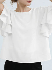 Solid Color Flying Sleeves Loose Round-neck Blouses&shirts Tops