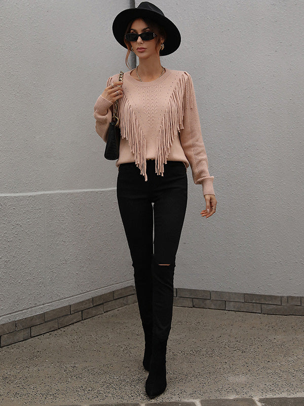 Original Long Sleeves Loose Tasseled Solid Color Round-Neck Sweater Tops