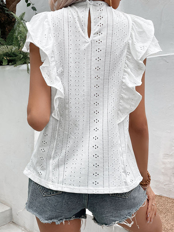 Floral Pleated Solid Color Split-Joint Loose Short Sleeves Round-neck T-Shirts Tops
