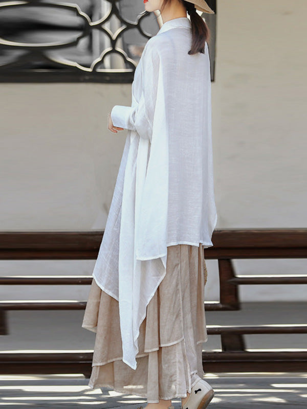 See-Through Solid Color Split-Joint Split-Side Loose Raglan Sleeve Lapel Blouses