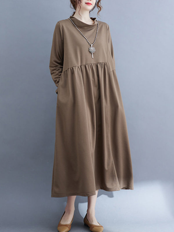 Casual Loose Long Sleeves Solid Color Stand Collar Midi Dresses