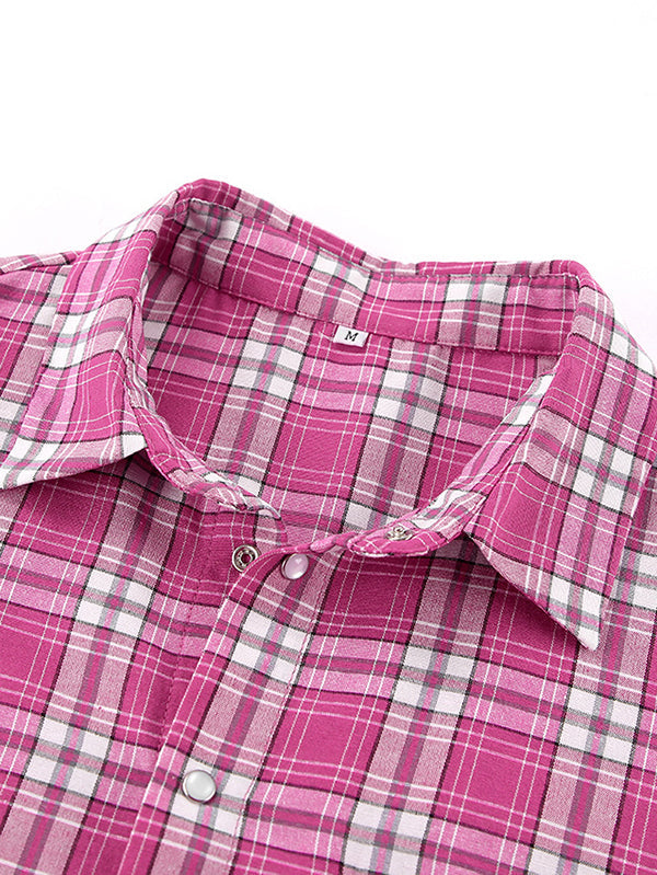Buttoned Plaid Pockets Long Sleeves Loose Lapel Blouses&Shirts Tops