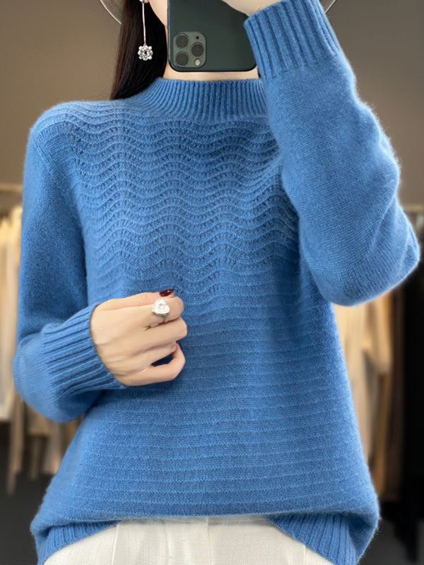Solid Color Long Sleeves Loose Mock Neck Sweater Tops Pullovers