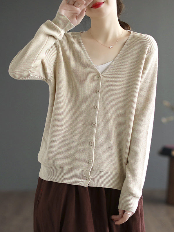 Solid Color Long Sleeves Loose V-Neck Cardigan Tops