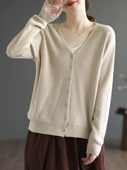 Solid Color Long Sleeves Loose V-Neck Cardigan Tops