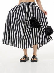Asymmetric Contrast Color Elasticity Striped Three-Dimensional Flower Loose Skirts Bottoms