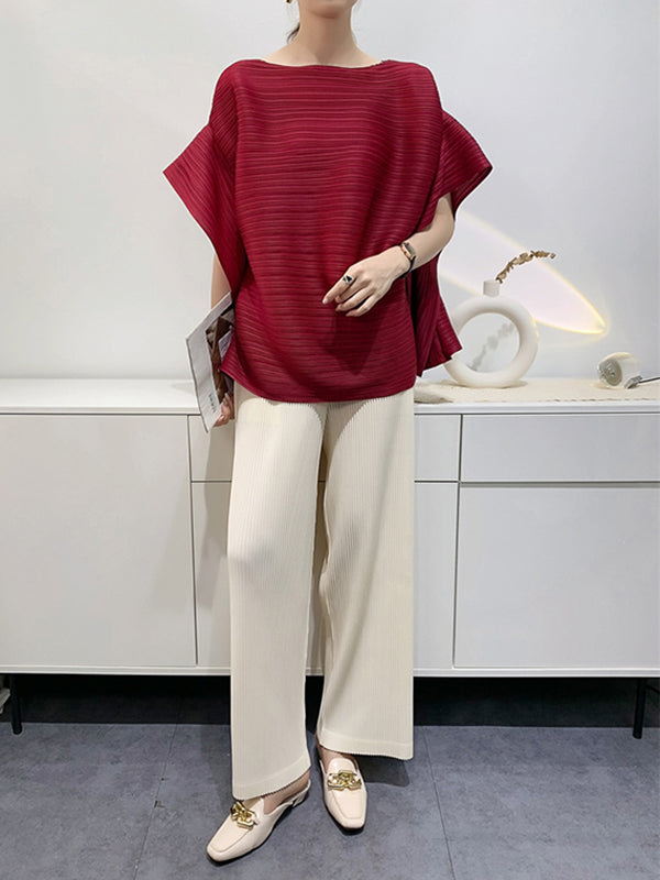Pleated Solid Color Batwing Sleeves Loose Round-Neck T-Shirts Tops