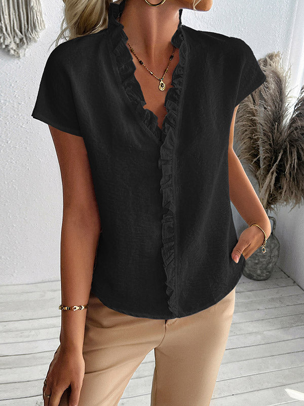 Ruffle Trim Solid Color Loose Short Sleeves V-Neck Blouses&Shirts Tops