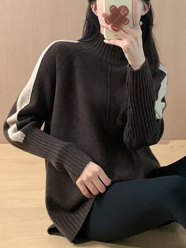 Contrast Color Split-Joint Split-Side High-Low Long Sleeves High Neck Sweater Tops Pullovers