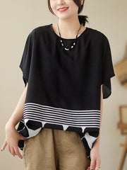 Polka Dot Split-Joint Striped Loose Short Sleeves Round-Neck T-Shirts Tops