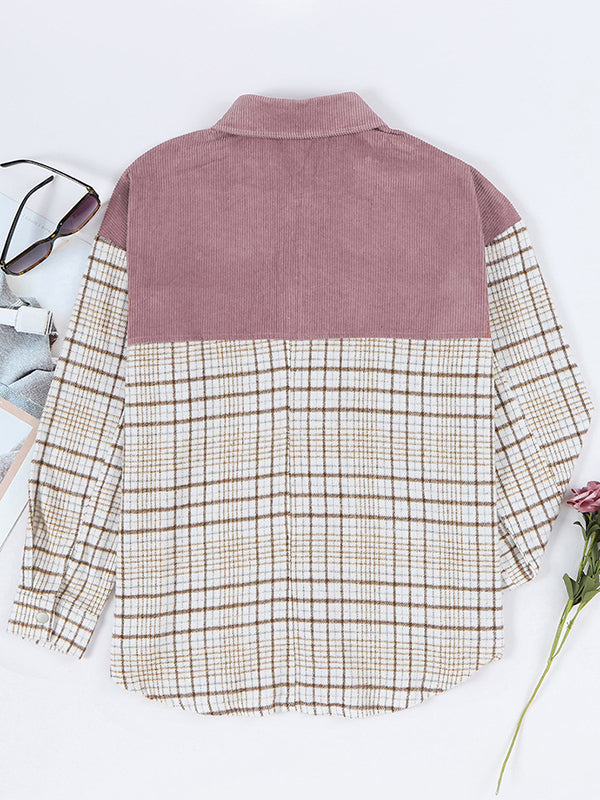 Buttoned Contrast Color Plaid Pockets Split-Joint Long Sleeves Loose Lapel Outerwear Jackets