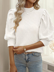 Pleated Solid Color Half Sleeves Puff Sleeves Mock Neck T-Shirts Tops