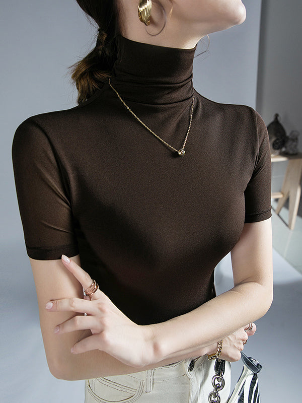 Solid Color Half Sleeves Skinny High Neck T-Shirts Tops