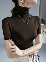 Solid Color Half Sleeves Skinny High Neck T-Shirts Tops