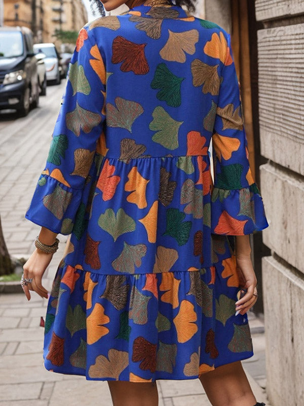 Leaves Print Pleated Split-Joint A-Line Flared Sleeves V-Neck Mini Dresses