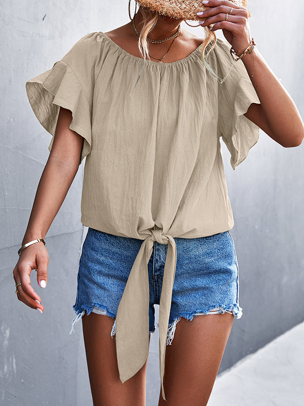 Elasticity Falbala Pleated Solid Color Tied Loose Short Sleeves Round-Neck T-Shirts Tops