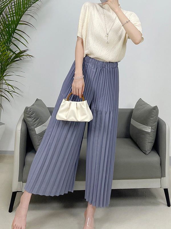 Elasticity Pleated Solid Color Split-Joint High Waisted Loose Trousers Pants