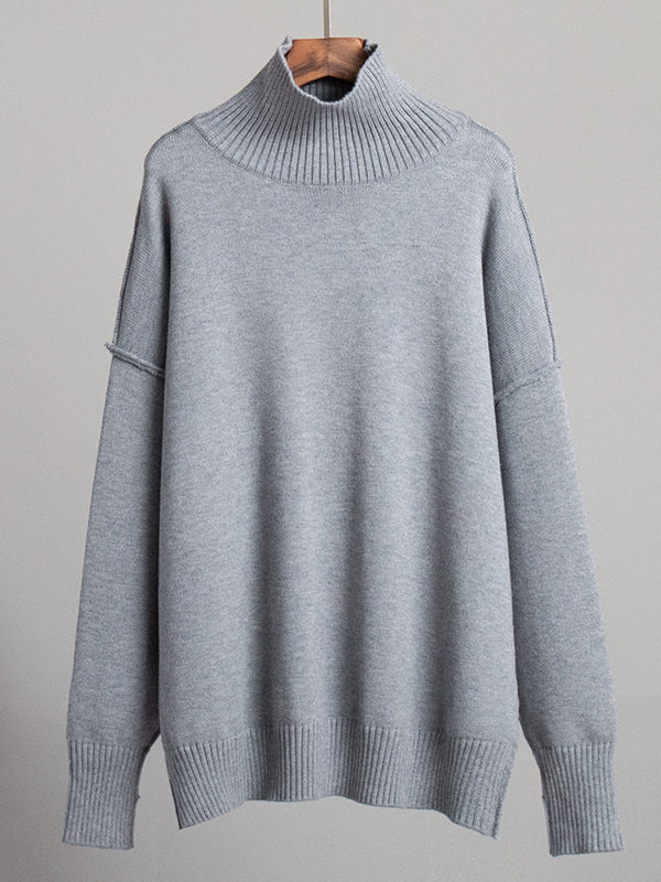 Solid Color Split-Joint Long Sleeves Loose High Neck Sweater Tops Pullovers