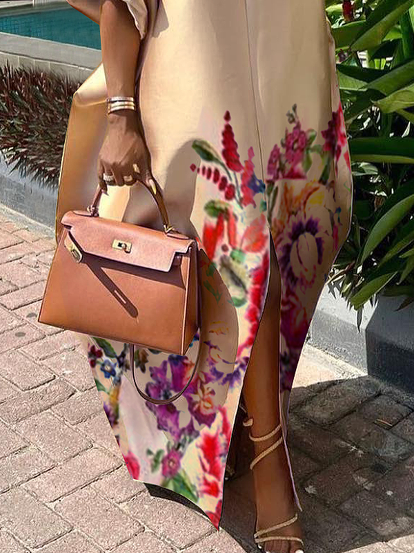 Elasticity Flower Print Split-Front A-Line Half Sleeves V-Neck Maxi Dresses