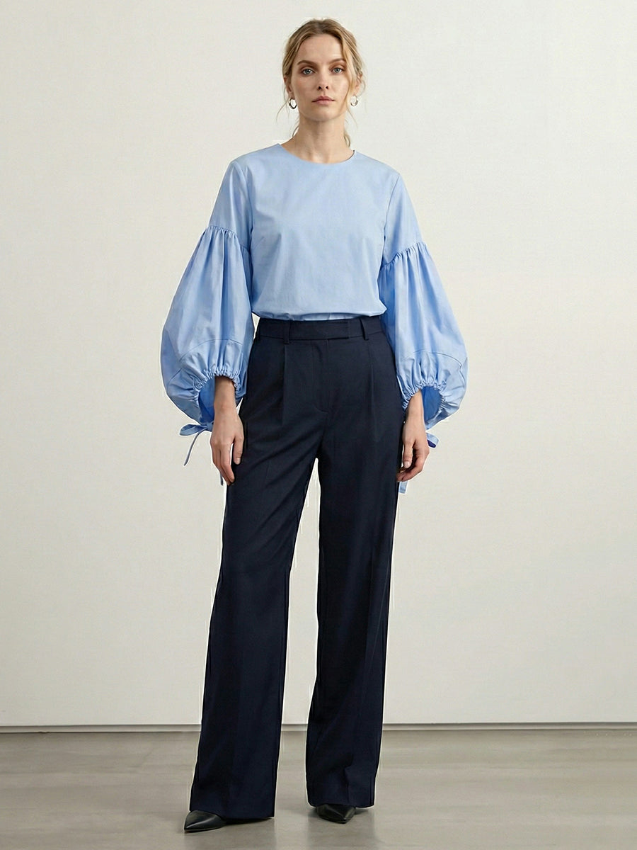 Drawstring Pleated Solid Color Long Sleeves Loose Round-Neck Blouses&Shirts Tops