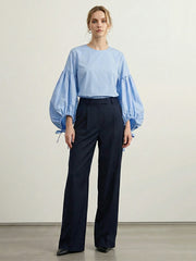 Drawstring Pleated Solid Color Long Sleeves Loose Round-Neck Blouses&Shirts Tops