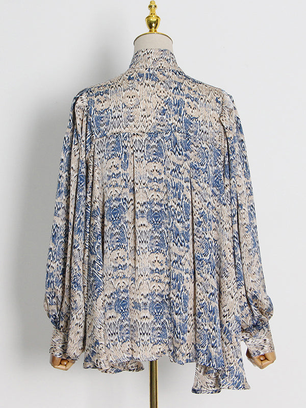 Loose Printed Puff Sleeves Pleated Stand Collar Blouses