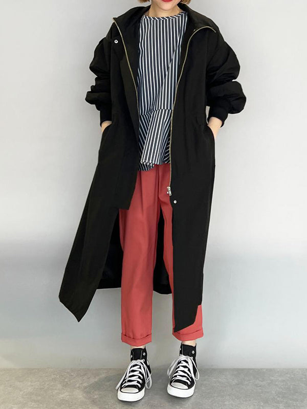 Loose Long Sleeves Drawstring Solid Color Zipper Hooded Trench Coats Outerwear